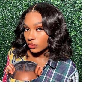 Natural Black  light curl 12” bob wig new never used has adjustable band